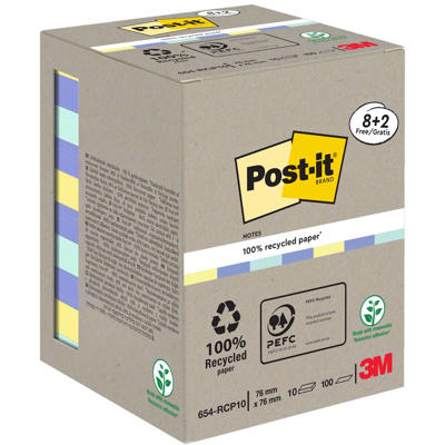 Post-it notes 654 recycle 76x76mm ass. 10blk/pk