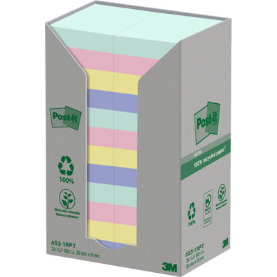 Post-it notes 653 recycle 38x51mm tårn ass. 24blk/pk
