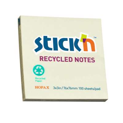 Notes Stick'N Recycled gul 76x76mm 100blade 12blk/pk