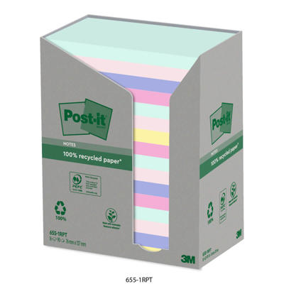 Post-it notes 655 recycle 76x127mm tårn ass.farver 16blk/pk